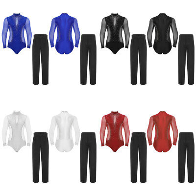 UK Men's Latin Ballroom Dance Leotard Bodysuit +High Waist Straight Leg Trousers