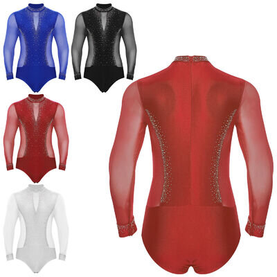 UK Mens Longsleeve Latin Dance Shirt Tops Shiny Bodysuits Figure Skating Leotard