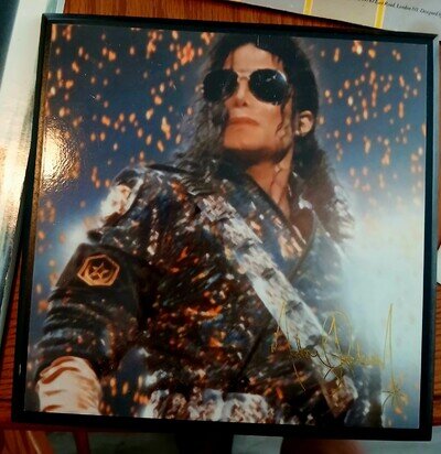 MICHAEL JACKS WOOD FRAMED AUTOGRAPHED PLAQUE