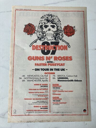 GUNS N ROSES DESTRUCTION '87 - 11" x 16" FULL PAGE MAGAZINE ADVERT POSTER 1987