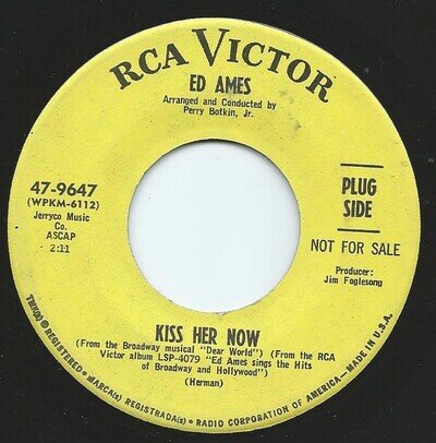 Ed Ames - Kiss Her Now - Used Vinyl Record 7 - 82 - Promo - Y8100z