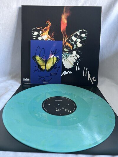 IN HAND!! Maroon 5 Love Is Like SEA BREEZE BLUE LP Alt Cover SIGNED Art Card
