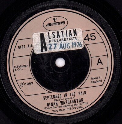 Dinah Washington September In the Rain 7" vinyl UK Mercury 1976 has promo