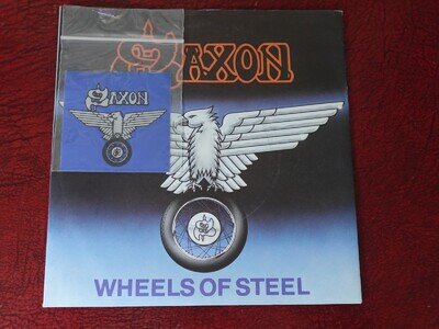 Saxon WHEELS OF STEEL 1980 UK 7" P/S WITH SMALL CLOTH PATCH PLAYS MINT HEAR