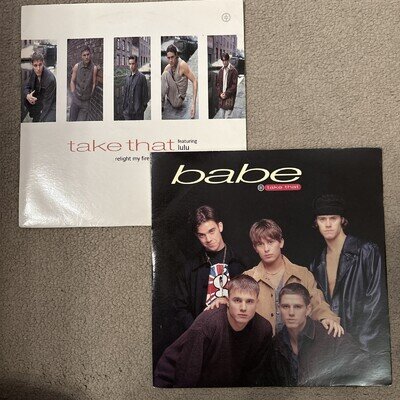 TAKE THAT - RELIGHT MY FIRE (with Lulu) and BABE - 2 x 7” vinyl singles - ex