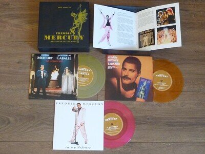 FREDDIE MERCURY 3 x 7" COLOURED VINYLS + box and colour booklet NEW - part set