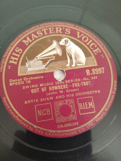 ARTIE SHAW OUT OF NOWHERE 78RPM HMV B. 8997