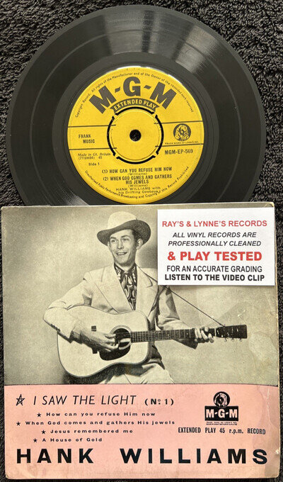 Hank Williams I Saw The Light (No. 1) 4 Track 7'' Vinyl EP 1956 TESTED EX VIDEO
