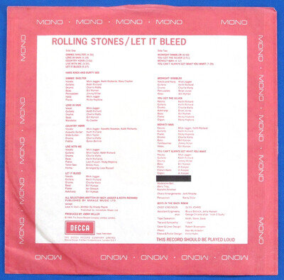 * ORIGINAL 1969 UK 'Mono' INNER SLEEVE ONLY * For Rolling Stones *LET IT BLEED*