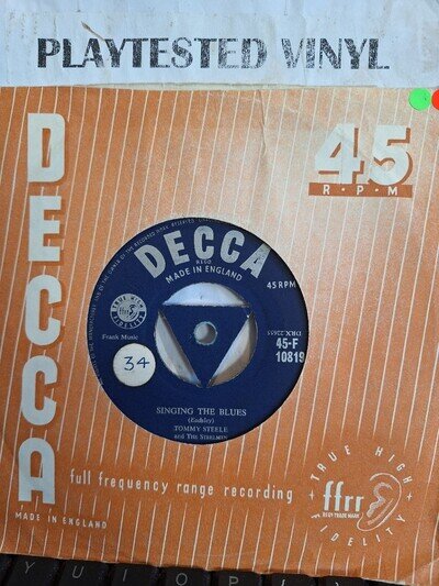 TOMMY STEELE SINGING THE BLUES TRI CENTRE DECCA UK VG 7" VINYL 45 SINGLE RECORD