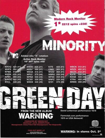 GREEN DAY Vintage Minority 2000 PROMO TRADE AD Poster for Warning CD MINT 8.5x11