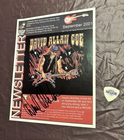 Autographed David Allen Coe 2001 Newsletter & Authentic World Tour Guitar Pick