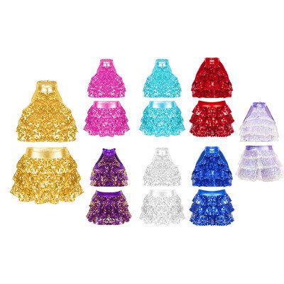 Girl Sequin Dance Costume Outfit Sparkly Crop Top and Skirt Hip Hop Jazz Clothes