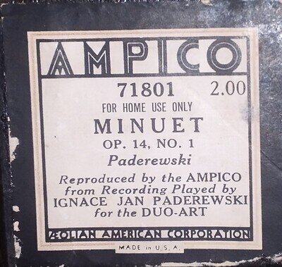 Rare Orig Ampico Piano Roll Minuet Paderewski Late Small Box Issue Mint Cond EX!
