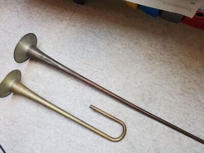 NOS 2 vintage / old unfinished trumpet bells, needs repair! with garland