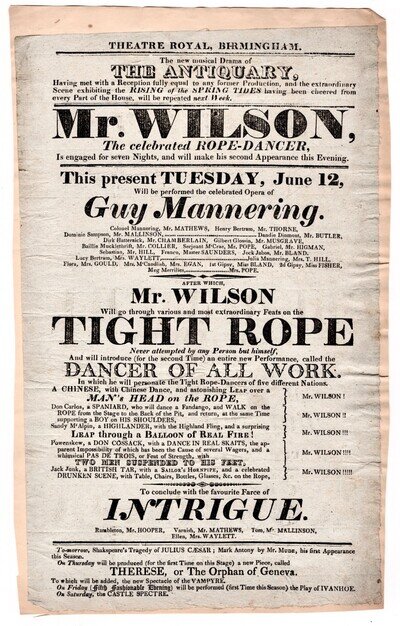 1821 Birmingham Playbill Tight Rope Dancer Mr Wilson Guy Mannering Theatre Royal