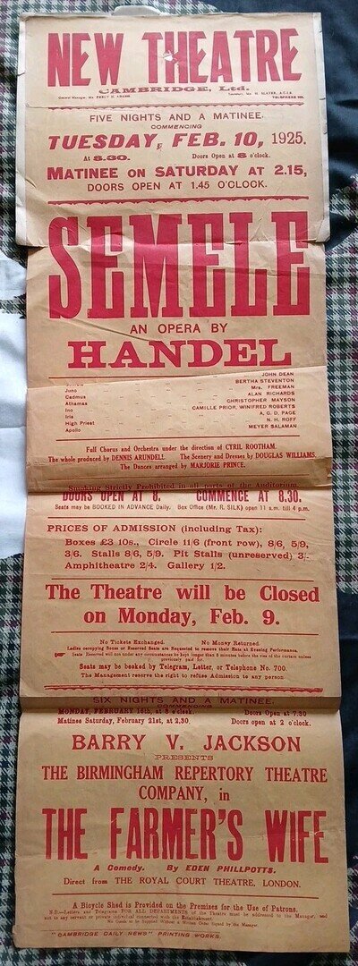 Feb 10 1925 New Theatre CAMBRIDGE Poster / Bill Semele Handle The Farmer's Wife
