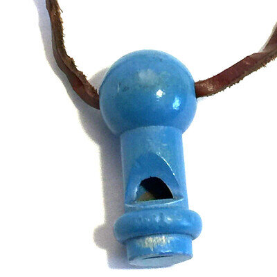 VINTAGE TURNED WOOD WHISTLE HANDMADE PAINTED BLUE NATURAL ECO KIDS LEATHER CORD