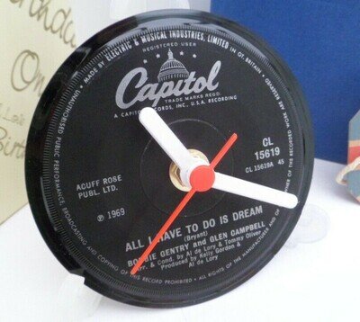BOBBIE GENTRY CLOCK 1960's Upcycled Original Vinyl Record Single 4" Desk Table.