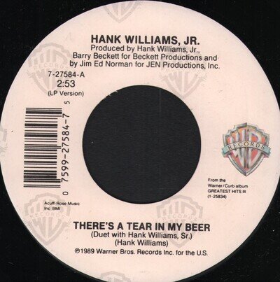 Hank Williams Jr There's A Tear In My Beer 7" vinyl USA Warner Bros 1989 in