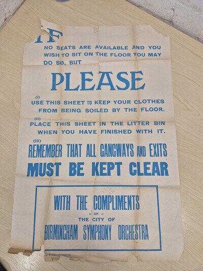 SUPERB BIRMINGHAM SYMPHONY ORCHESTRA POSTER / SHEET FOR SITTING ON THE FLOOR