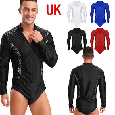 UK Men Latin Dance Leotard V Neck Long Sleeve Rhinestone Bodysuit Tango Dance
