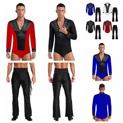 UK Men's Latin Jazz Dance Outfit Rhinestone Bodysuit with Fringe Flared Pants