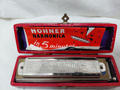 Vintage Hohner Super Chromonica Harmonica with Case & Leaflet 12cm
