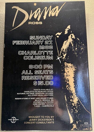 Vintage & Authentic Mounted 1983 “Diana Ross” Charlotte Coliseum Concert Poster