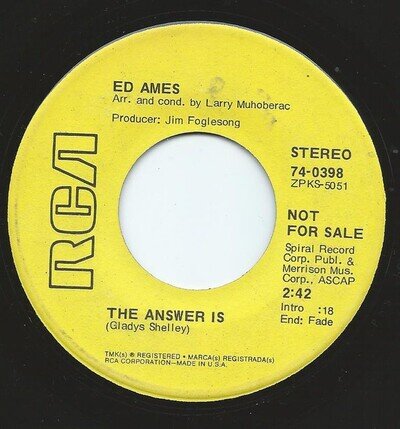 Ed Ames - Answer Is - Used Vinyl Record 7 - Promo - Y8100z