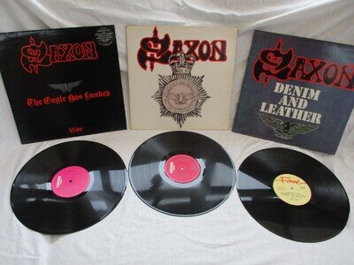 SAXON ALBUMS X 3,EAGLE HAS LANDED LIVE+STRONG ARM OF+DENIM & LEATHER,GOOD/VG/VG+