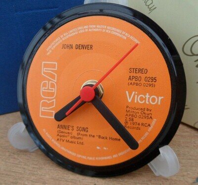 JOHN DENVER CLOCK Side Table Desk Top Upcycled COUNTRY Vinyl Record Hit Single