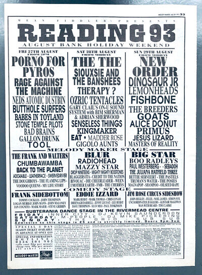 READING FESTIVAL 1993 POSTER ADVERT NEW ORDER TOOL MAZZY STAR RADIOHEAD BLUR