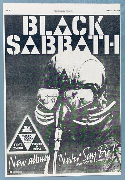 BLACK SABBATH vintage 1978 POSTER ADVERT NEVER SAY DIE Hipgnosis