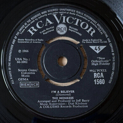 THE MONKEES I'M A BELIEVER 7" RCA VICTOR (1966) VG+ POP MISPRINT ENGLAND