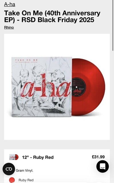 A-HA “TAKE ON ME” RSD BLACK FRIDAY 2025 RED 12” VINYL