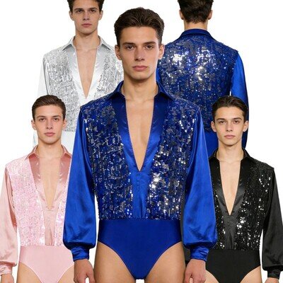 UK Men's Shirt Bodysuit Glittery Sequined Ballroom Samba Latin Dance Top Leotard