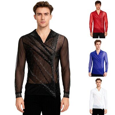 UK Men Figure Skating Shirts V Neck Long Sleeve Sheer Mesh Latin Jazz Dance Tops