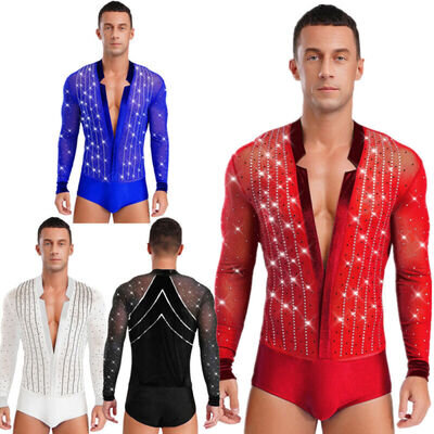 Men Latin Dance Shirts Gymnastics Leotard V-neck Ballroom Salsa Samba Bodysuit