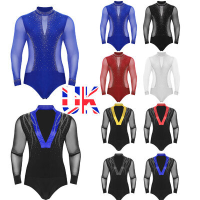 Mens Shiny Rhinestones Tango Latin Ballroom Salsa Jazz See-Through Mesh Leotard