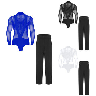UK Men Latin Jazz Dance Outfits Sequin Tassel Ballet Bodysuit with Pants Chacha