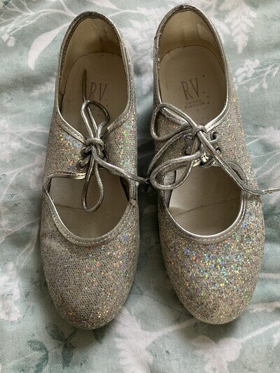 Roch Valley Girls Silver Glitter Hologram Tap Dance Shoes Junior Child Size 2