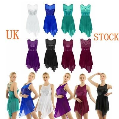UK Adult Women Lyrical Dance Costumes Dress Asymmetric Mesh Triangle Cut Skirted