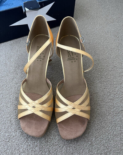 New RV Gold Strappy Open Toe Ballroom Latin Dance Shoes UK 5 Med Heel