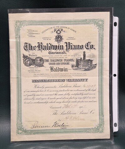 Rare 1907 Baldwin Piano Co. Original Manufacturer Warranty Certificate...