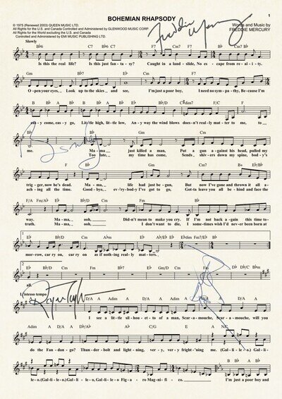 #769 Queen Bohemian Rhapsody Signed Autograph Reproduction Framed Song Sheet