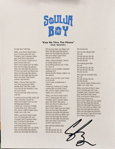 Soulja Boy Rapper Kiss Me Thru The Phone Autograph Signed Lyric Sheet 8.5x11