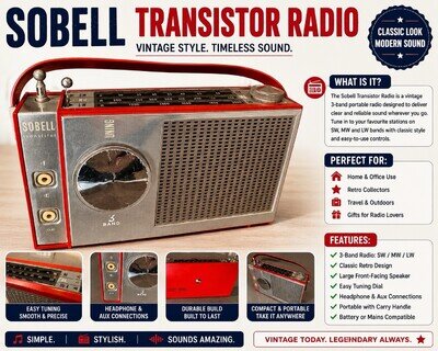 📻🔥 VINTAGE SOBELL 3 BAND TRANSISTOR RADIO RETRO RED PORTABLE CLASSIC 📻