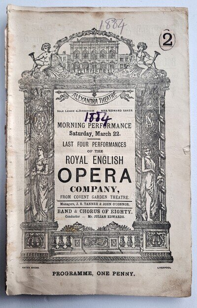 1884 Liverpool theatre programme Royal English Opera Company - JW Turner