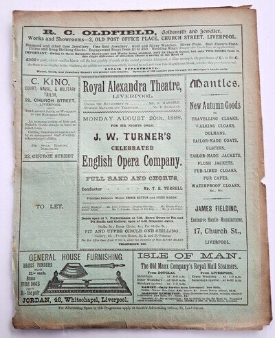 1888 Liverpool theatre programme JW Turner Opera Co Walter Gray Sidney Clifford